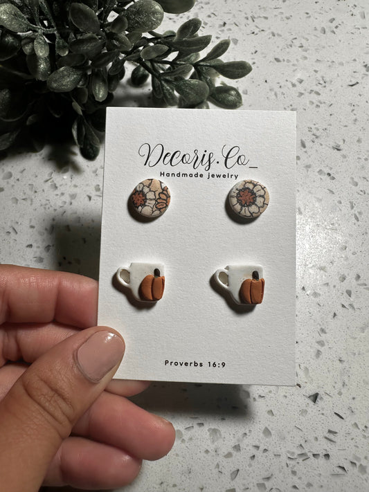 Pumpkin coffee cup & floral stud pack